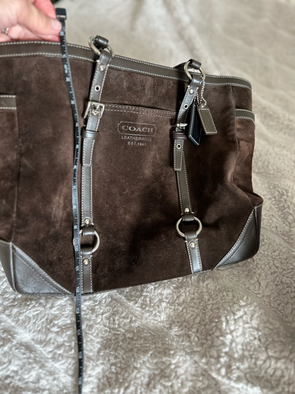 Coach Chocolate Brown Suede Tote with Leather Trim - Picture 9 of 14